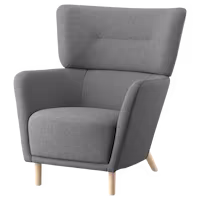 A simple grey chair with a high backrest and wood legs