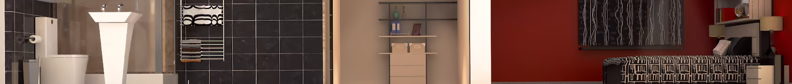 A thin view of a bedroom with a bathroom to the left