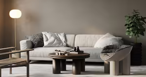 A simple grey couch in a modern living room area with 3 cushions